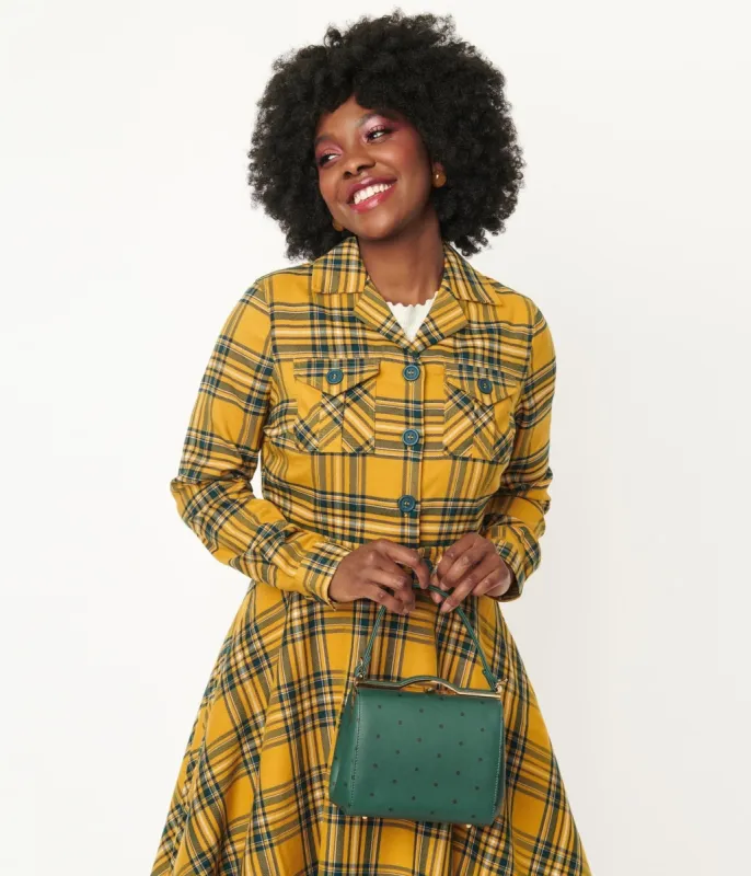 Hell Bunny Mustard & Navy Plaid Wither Crop Jacket sold by Unique Vintage