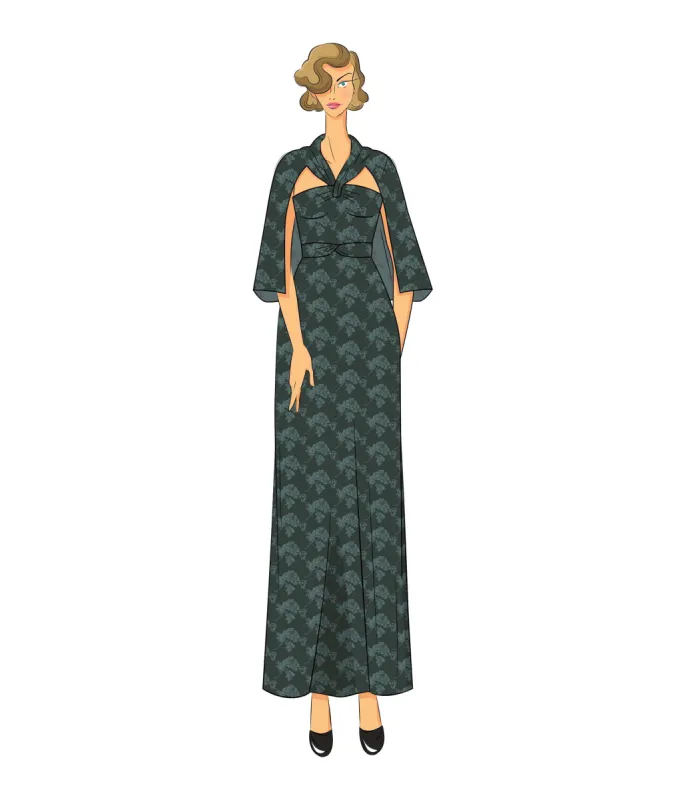 The Vault - 1930s Green Jacquard Satin Gown with Cape sold by Unique Vintage