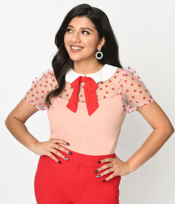 Smak Parlour Pink & Red Hearts Collared Bow Blouse sold by Unique Vintage