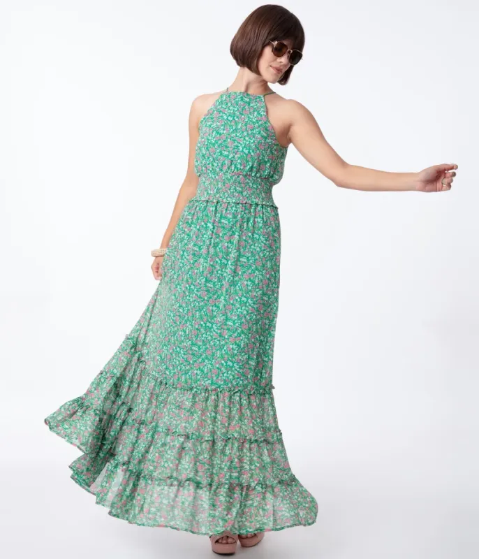 1970s Green & Pink Floral Sleeveless Maxi Dress sold by Unique Vintage