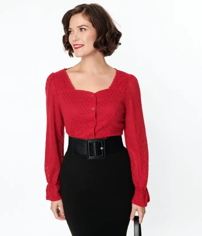 Red Perforated Diamond Knit Cardigan sold by Unique Vintage