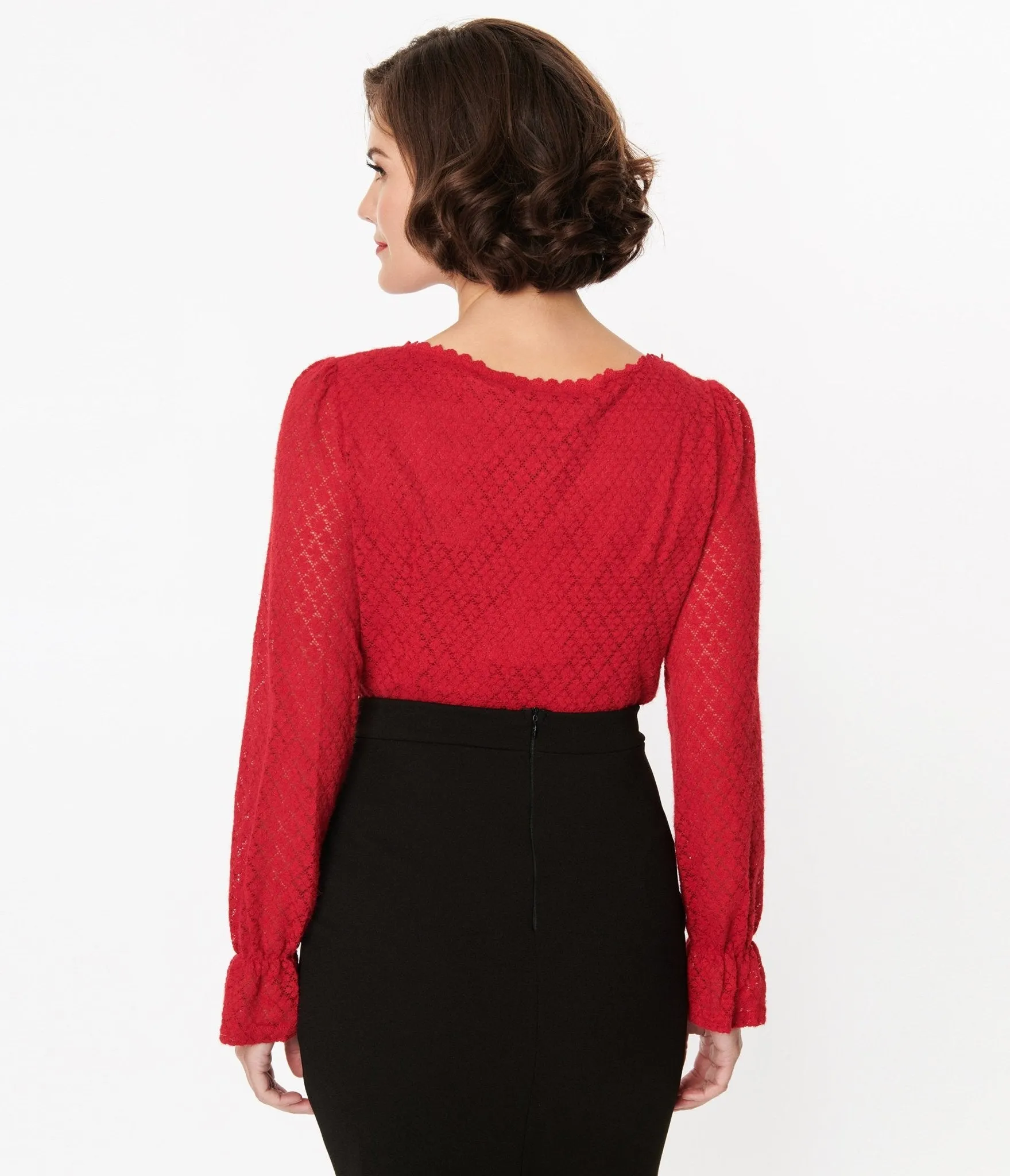 Red Perforated Diamond Knit Cardigan sold by Unique Vintage product image thumbnail 3