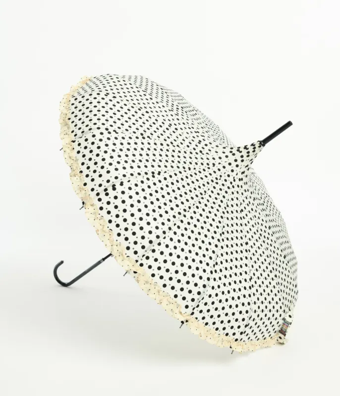 Cream & Black Sparkle Dot Frilled Pagoda Umbrella sold by Unique Vintage