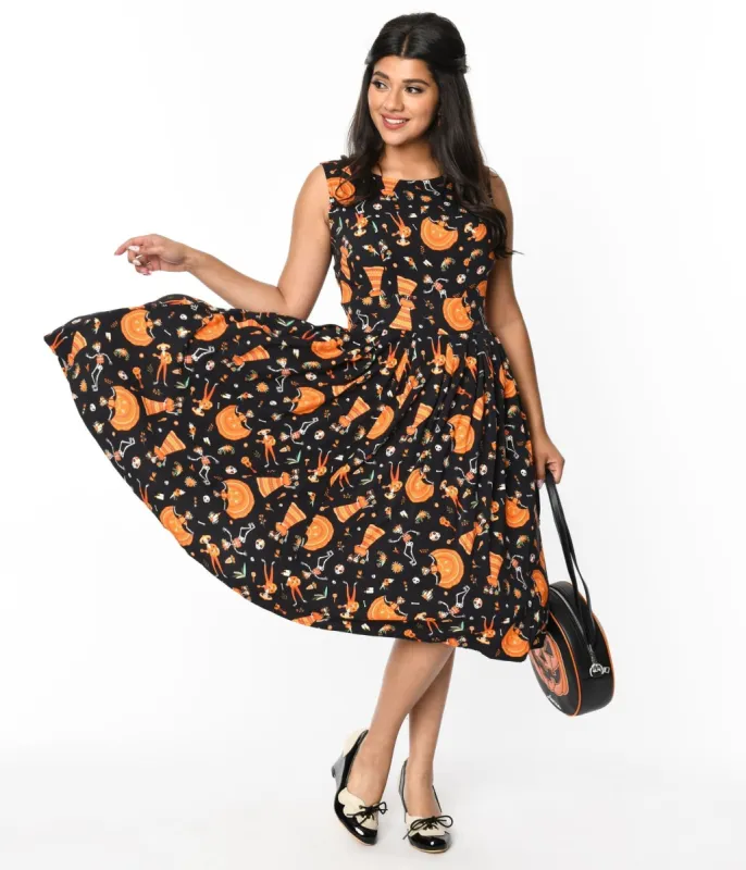 Black & Orange Day Of The Dead Swing Dress sold by Unique Vintage