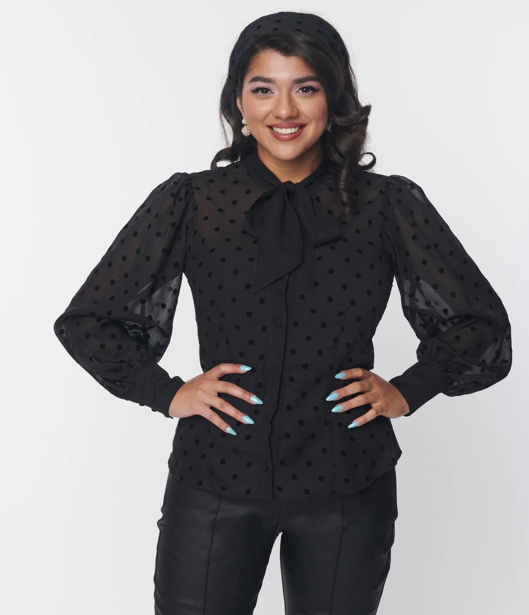 Unique Vintage Black Flocked Polka Dot Tie Neck Gwen Blouse sold by Unique Vintage product image thumbnail 3