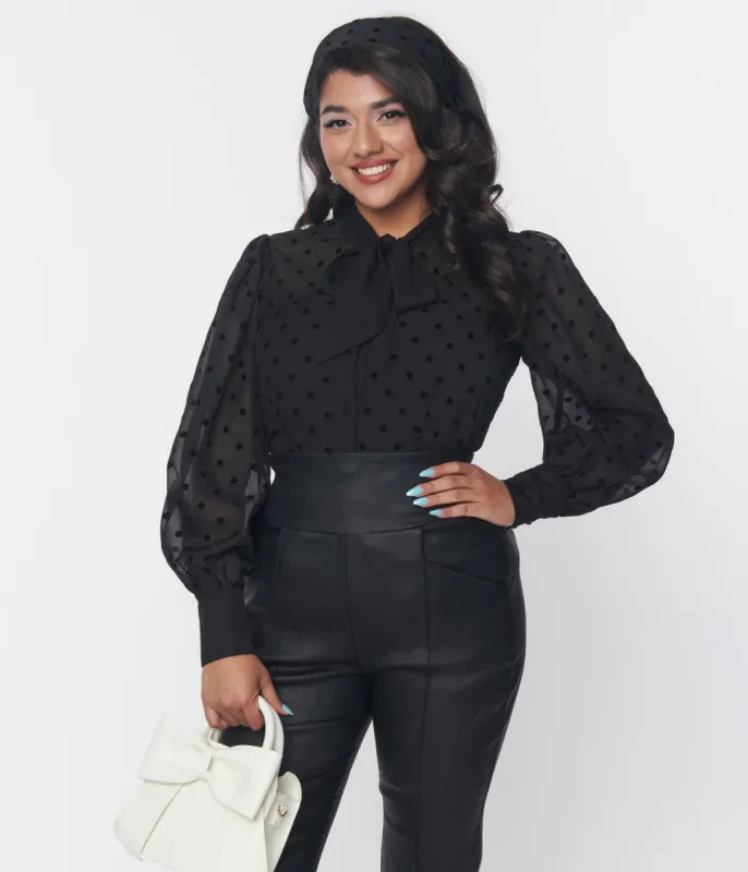 Unique Vintage Black Flocked Polka Dot Tie Neck Gwen Blouse sold by Unique Vintage