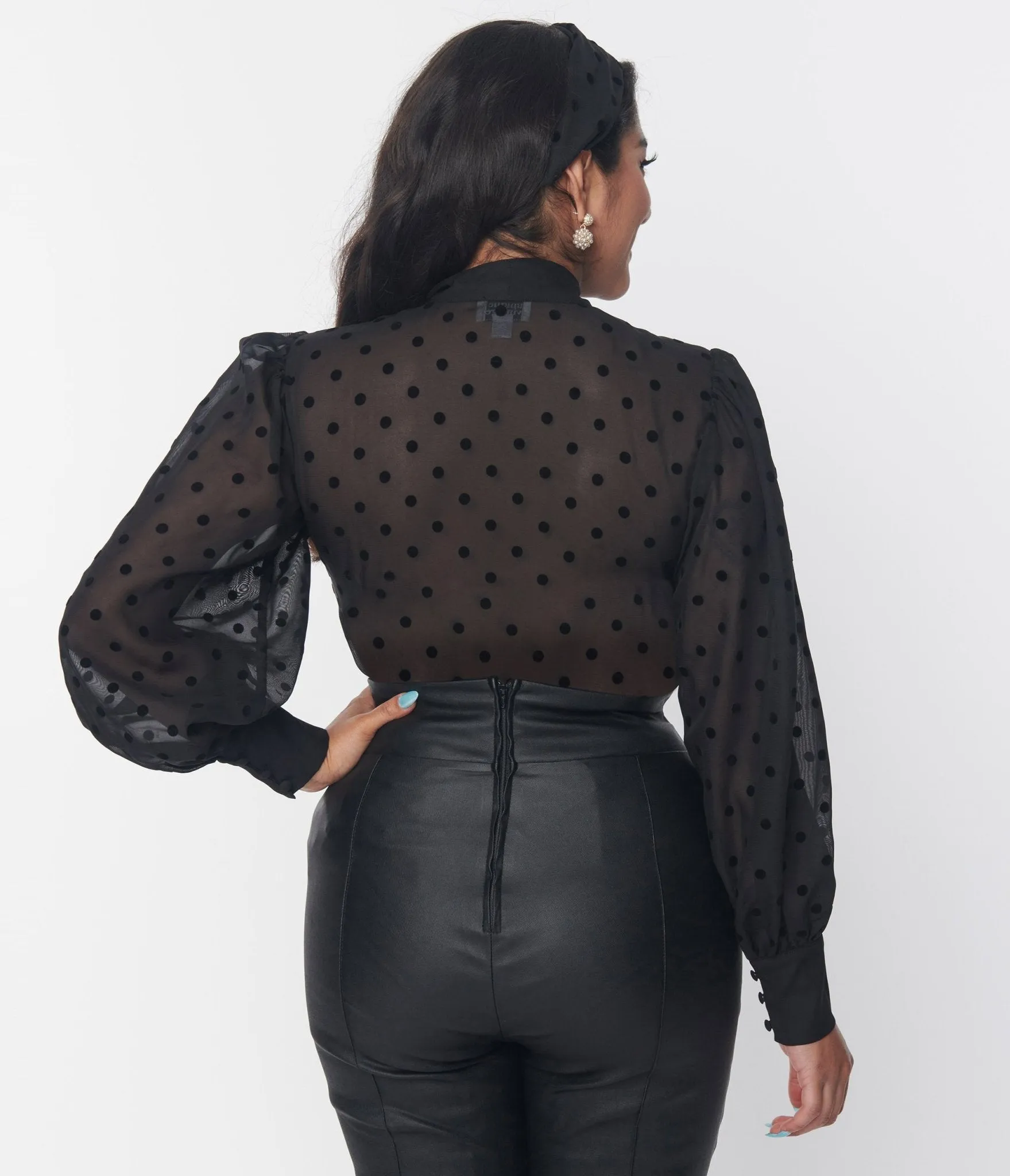Unique Vintage Black Flocked Polka Dot Tie Neck Gwen Blouse sold by Unique Vintage product image thumbnail 2