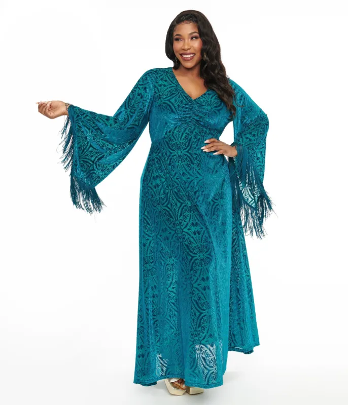 Smak Parlour Plus Size 1970s Teal Floral Fringe Sleeve Stevie Maxi Dress sold by Unique Vintage