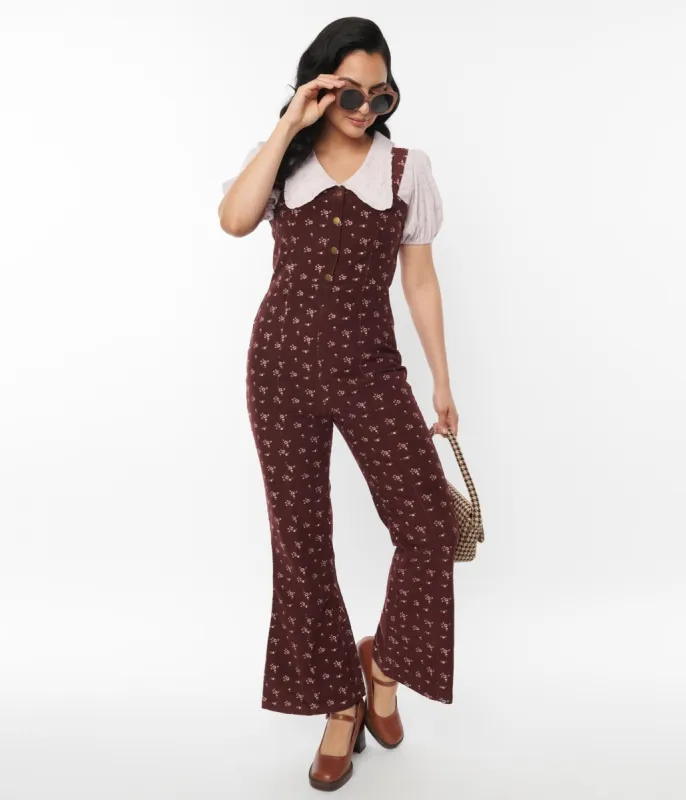 1970s Burgundy Floral Irie Jumpsuit sold by Unique Vintage