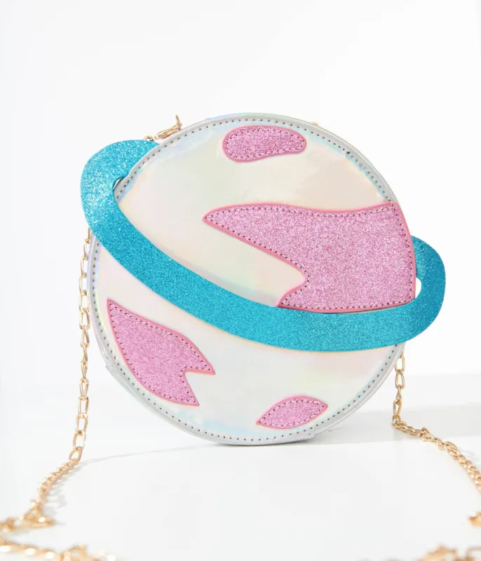 Unique Vintage Blue & Pink Glitter Saturn Planet Crossbody Bag sold by Unique Vintage