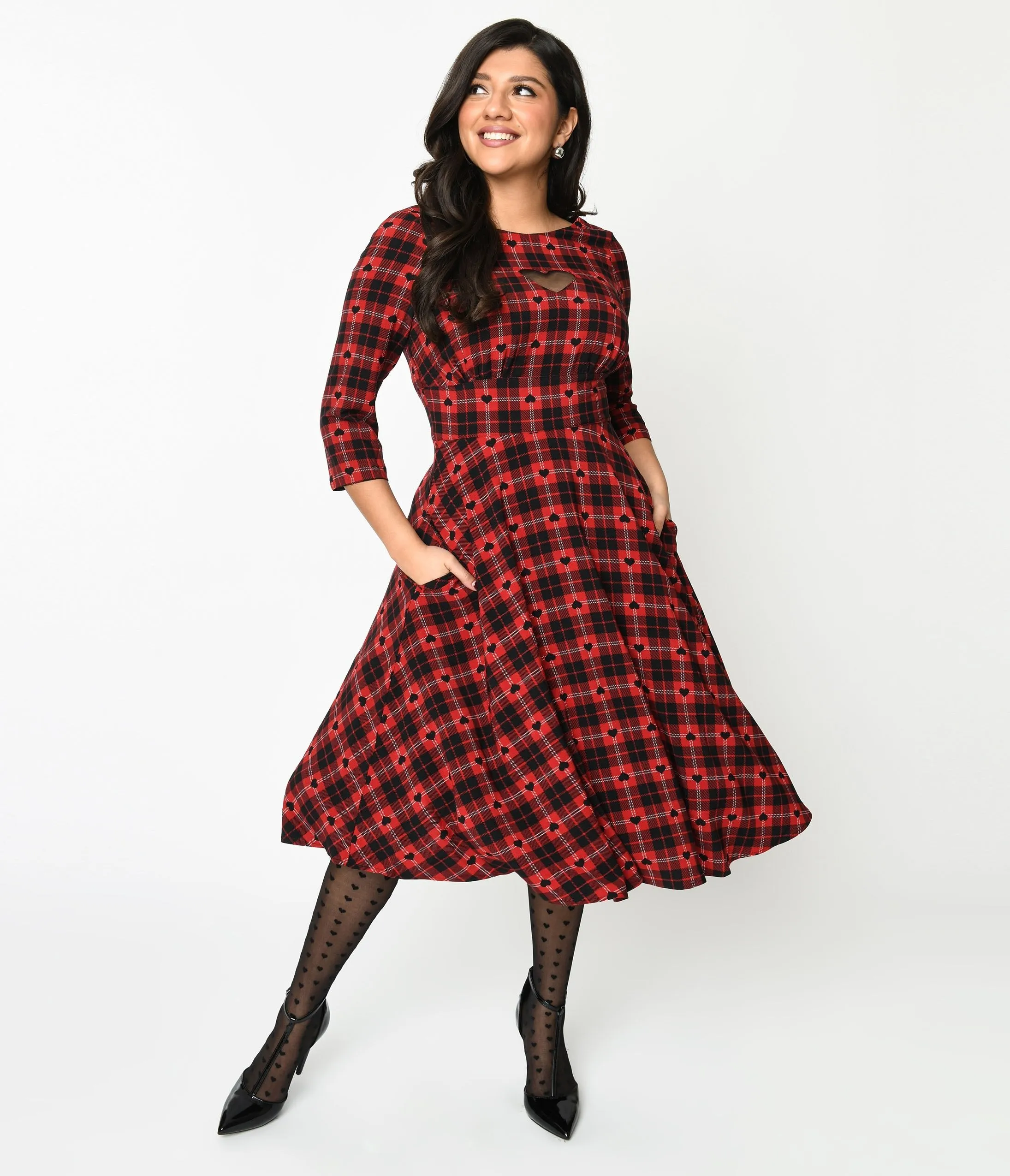 Hell Bunny Red & Black Heart Plaid Date Night Swing Dress sold by Unique Vintage product image thumbnail 2