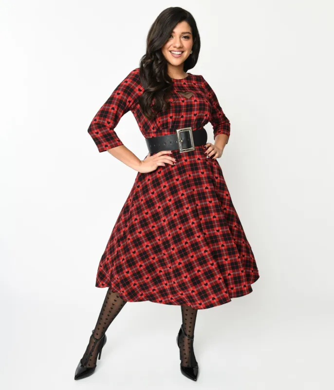 Hell Bunny Red & Black Heart Plaid Date Night Swing Dress sold by Unique Vintage