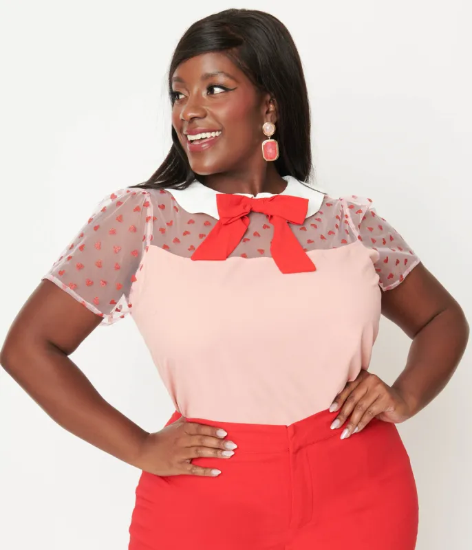 Smak Parlour Plus Size Pink & Red Hearts Collared Bow Blouse sold by Unique Vintage