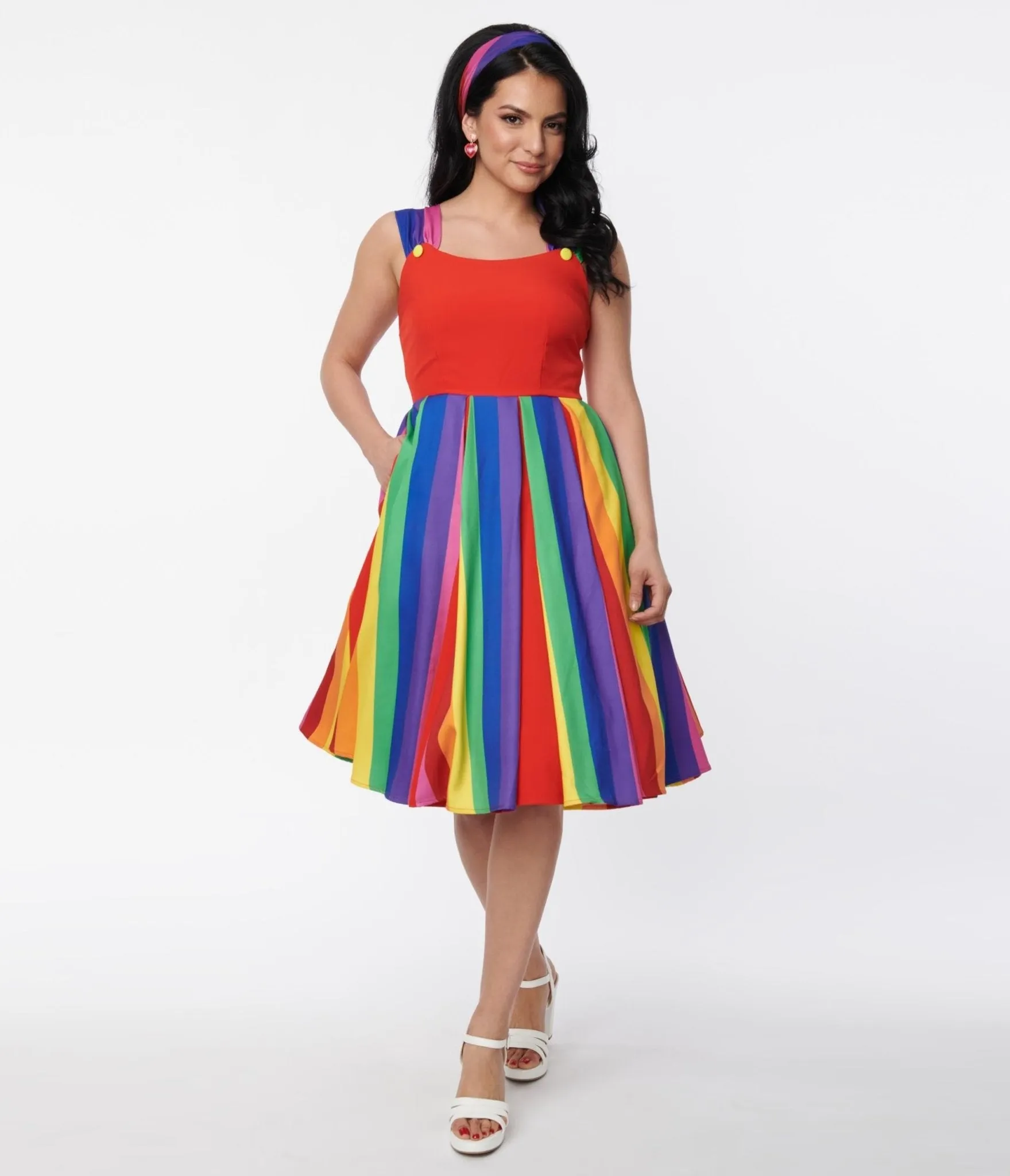 Unique Vintage Red & Rainbow Stripe Swing Dress sold by Unique Vintage product image thumbnail 4