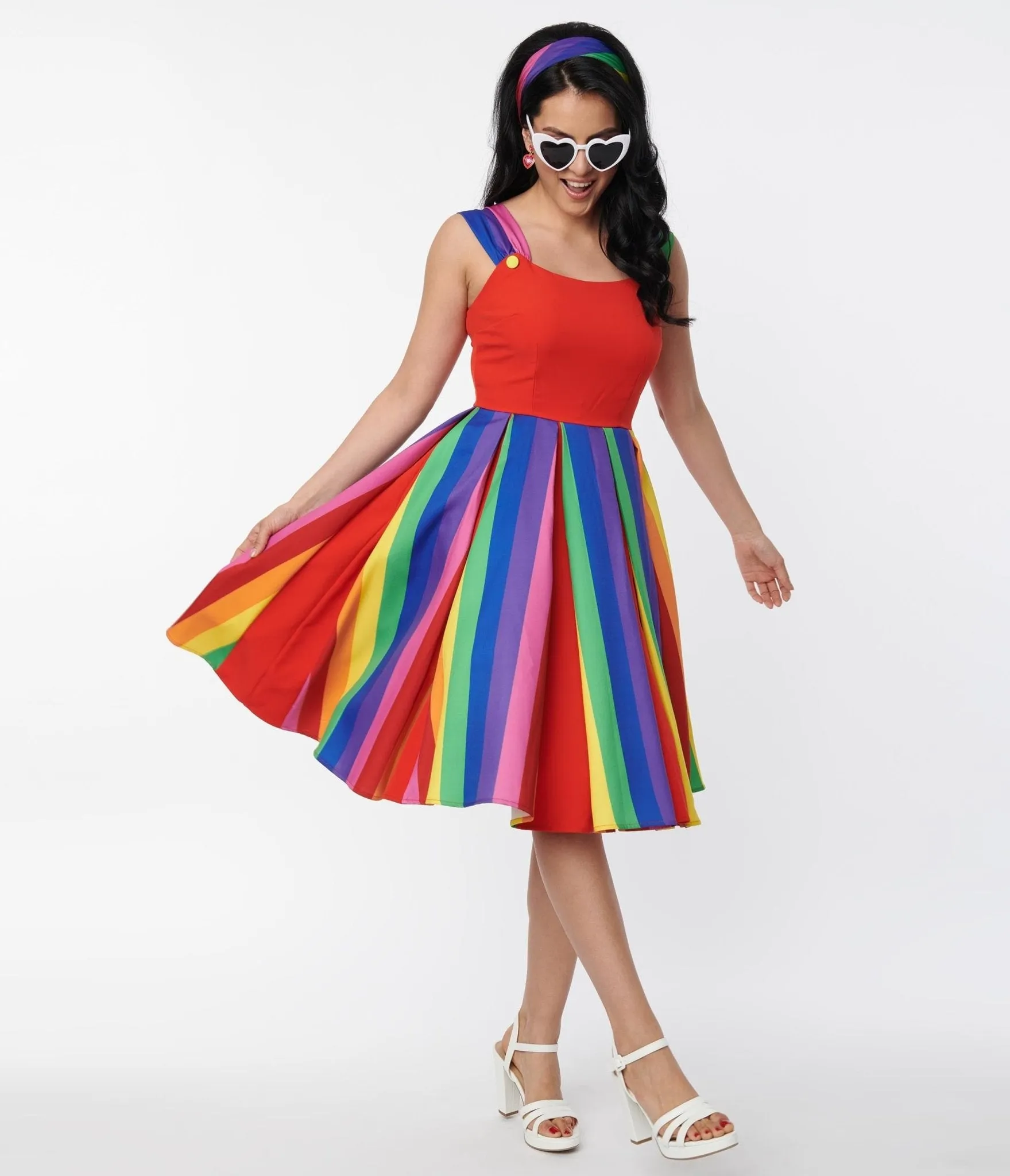 Unique Vintage Red & Rainbow Stripe Swing Dress sold by Unique Vintage