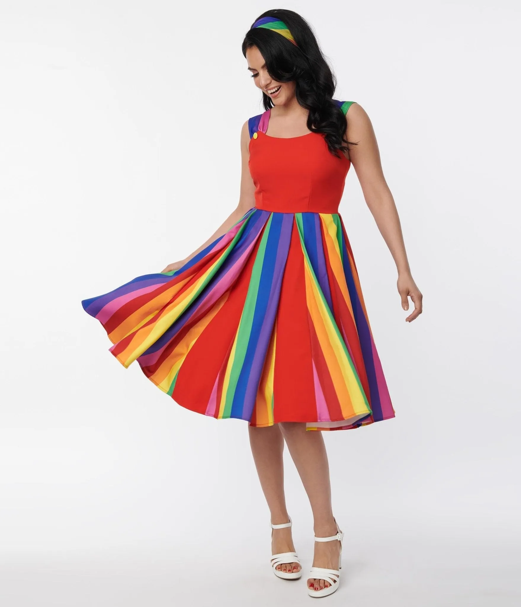 Unique Vintage Red & Rainbow Stripe Swing Dress sold by Unique Vintage product image thumbnail 5