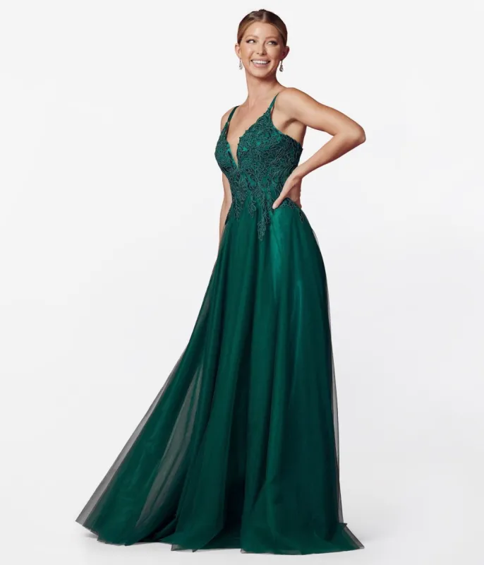 Hunter Green Floral & Tulle Prom Ball Gown sold by Unique Vintage