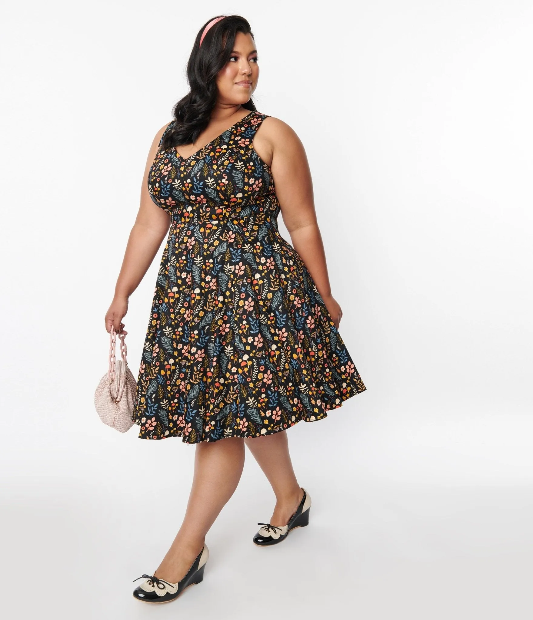 Black Ditsy Woodland Mushroom Swing Dress sold by Unique Vintage