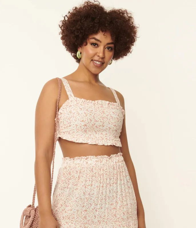 1970s Ivory & Coral Berries Print Crop Top made by Unique Vintage