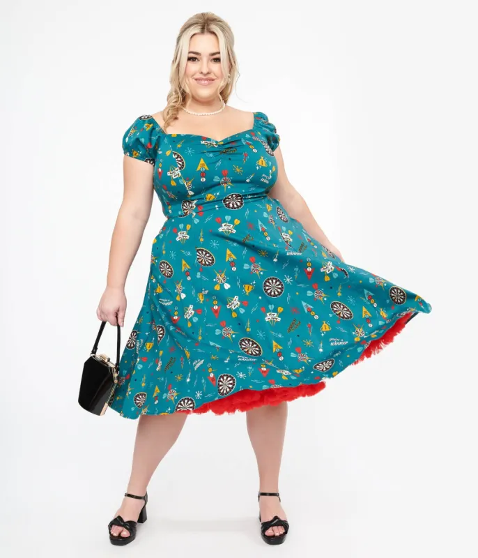 Plus Size 1950s Teal Dart Board Keep Em Flying Cotton Swing Dress sold by Unique Vintage