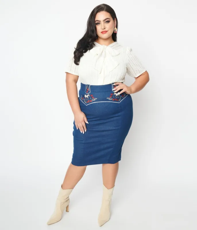Unique Vintage Plus Size Blue Denim Western Embroidered Wiggle Skirt sold by Unique Vintage
