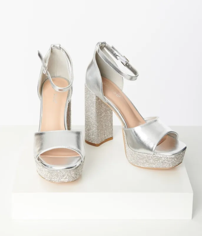 Silver Rhinestone Glitzy Platform Heels sold by Unique Vintage