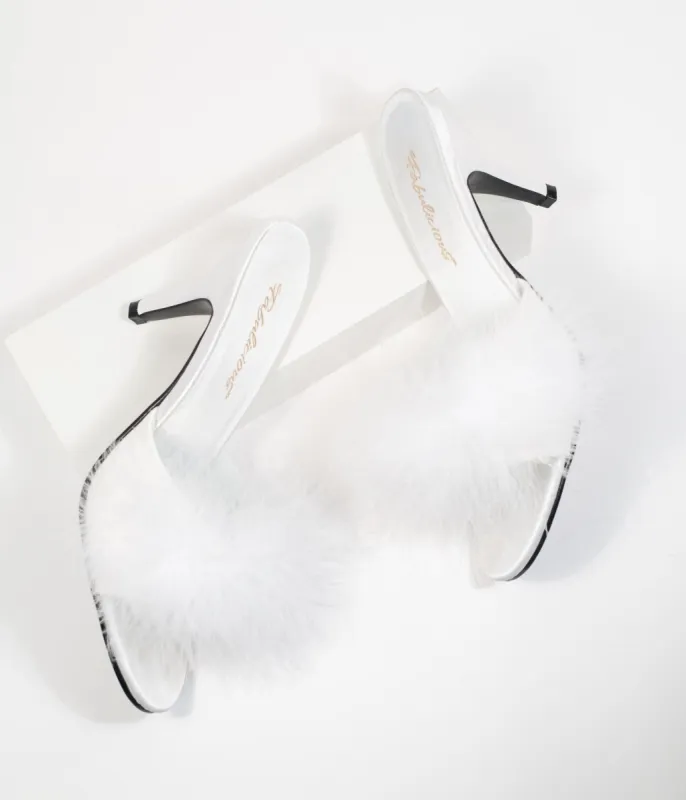 White Marabou Feather Peep Toe Slipper Heel sold by Unique Vintage