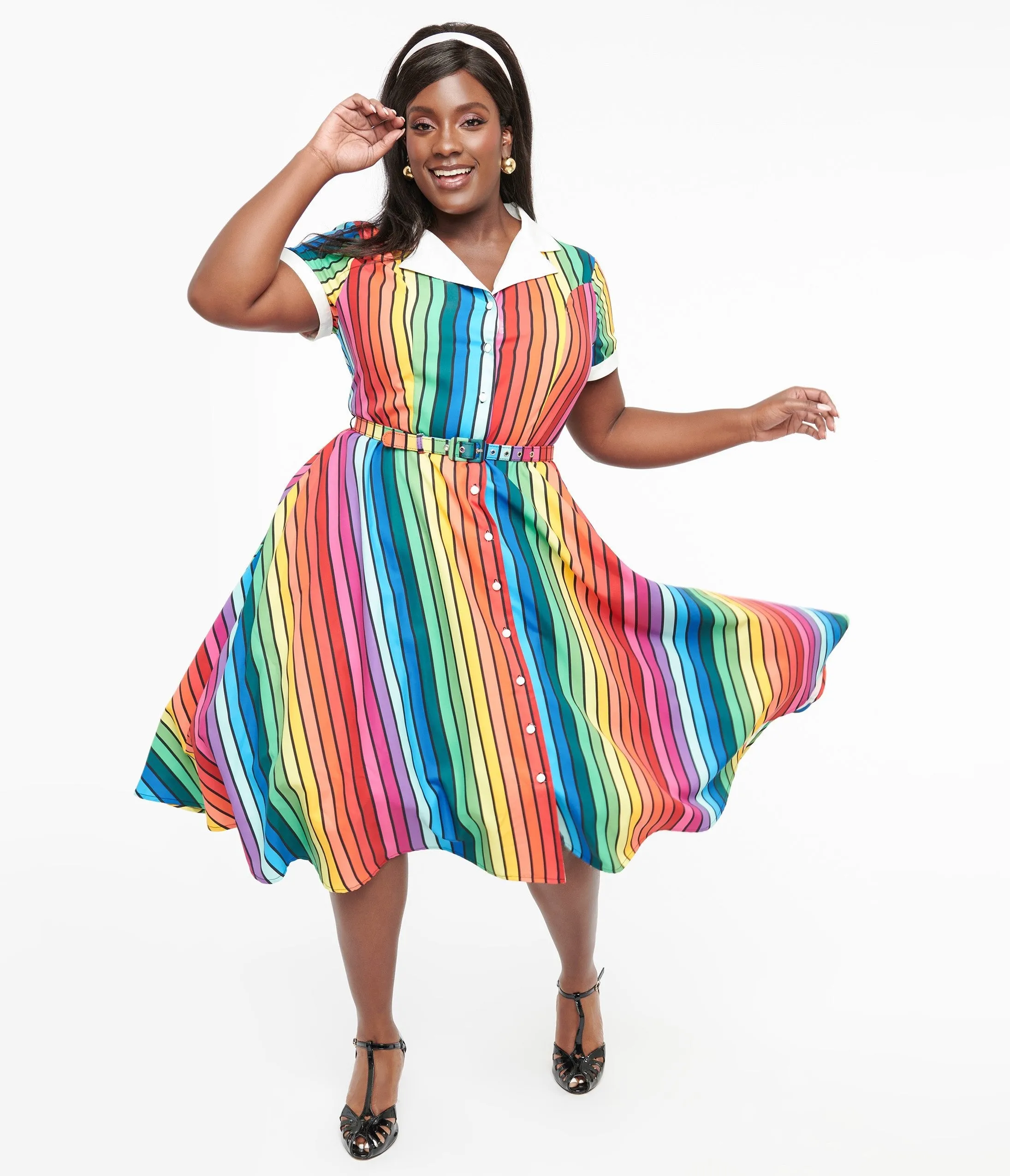 Unique Vintage Plus Size 1950s Rainbow Stripe Pride Alexis Swing Dress sold by Unique Vintage