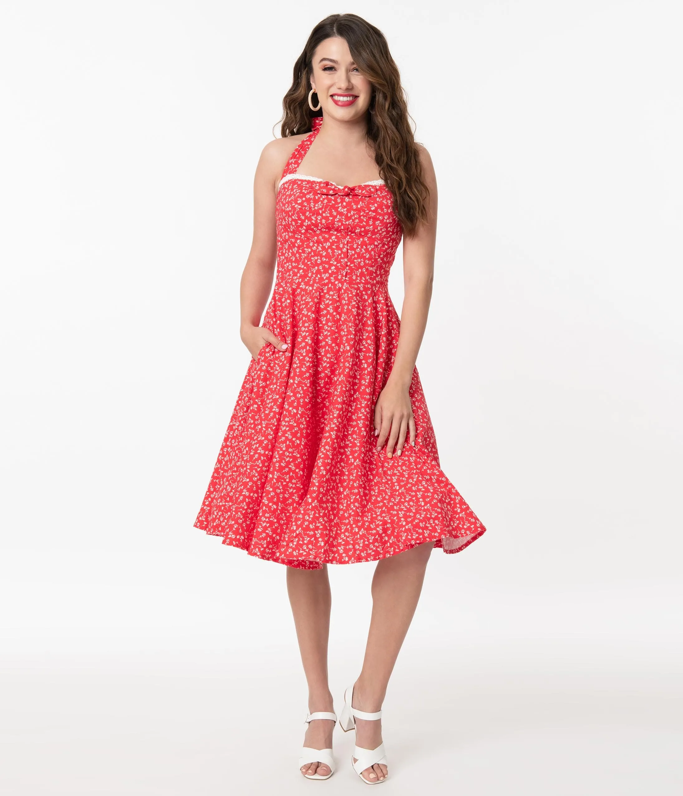 Retro Red & White Floral Halter Kimberly Swing Dress sold by Unique Vintage product image thumbnail 5