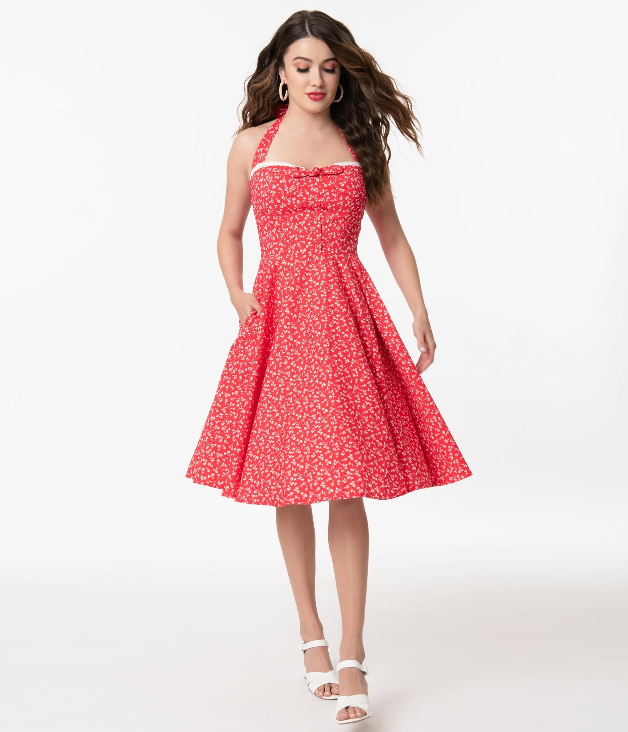 Retro Red & White Floral Halter Kimberly Swing Dress sold by Unique Vintage