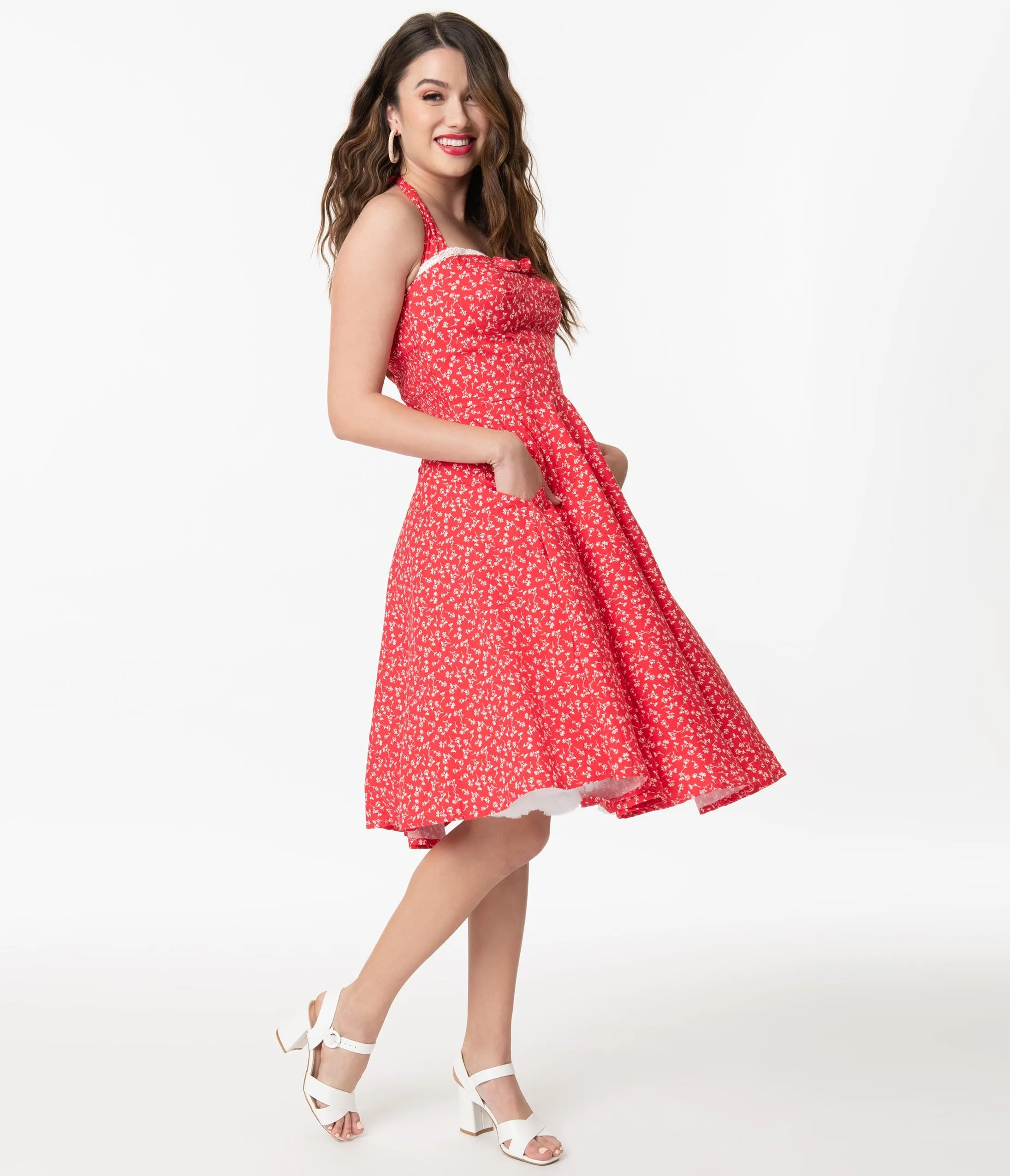 Retro Red & White Floral Halter Kimberly Swing Dress sold by Unique Vintage product image thumbnail 4