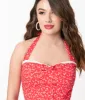 Retro Red & White Floral Halter Kimberly Swing Dress sold by Unique Vintage