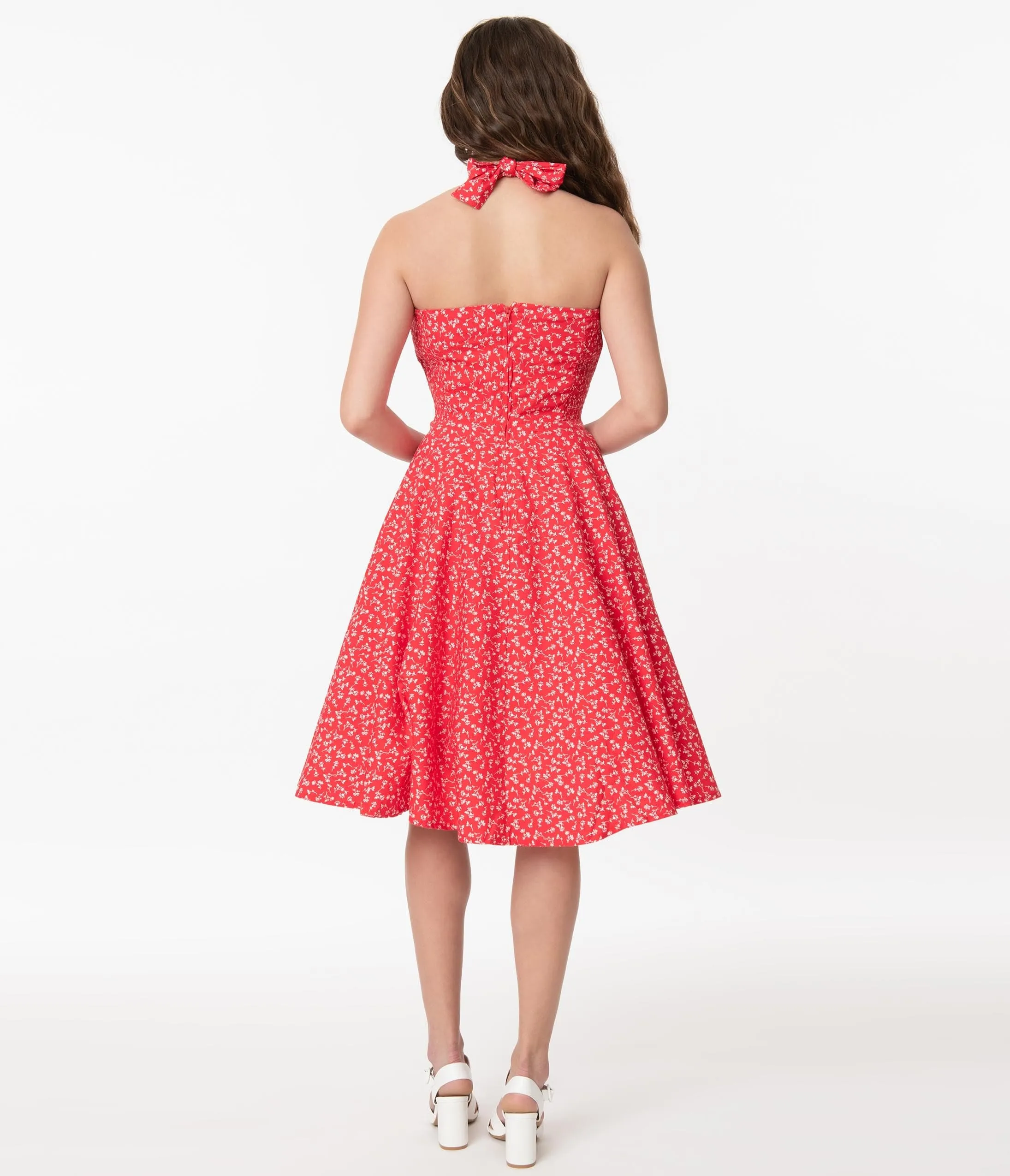 Retro Red & White Floral Halter Kimberly Swing Dress sold by Unique Vintage product image thumbnail 3