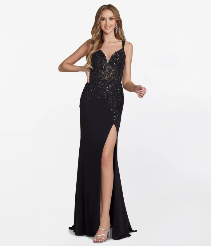 Black Floral Beaded Lace Formal Prom Gown sold by Unique Vintage