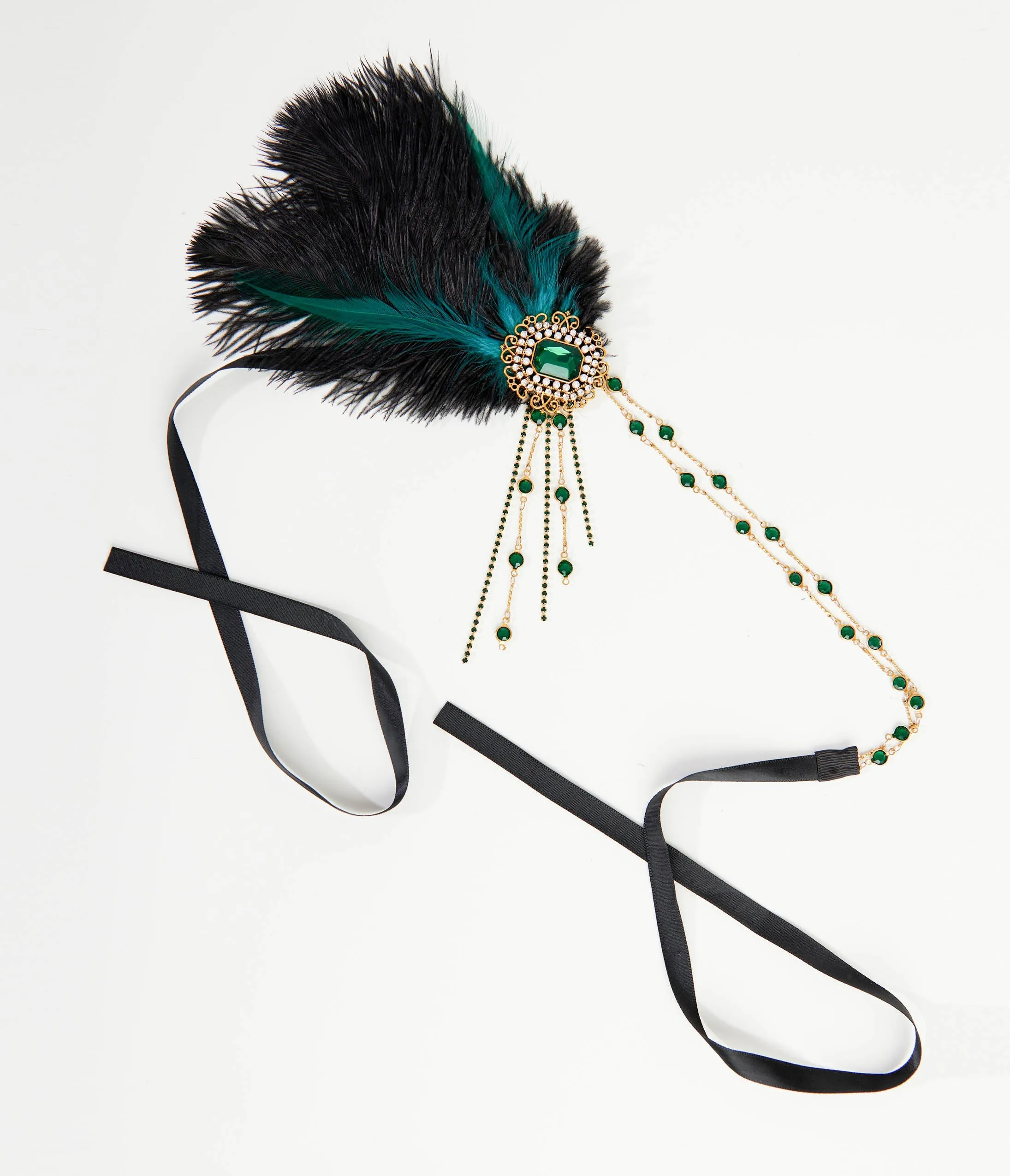 Unique Vintage 1920s Black Feather & Emerald Rhinestone Headband sold by Unique Vintage product image thumbnail 3