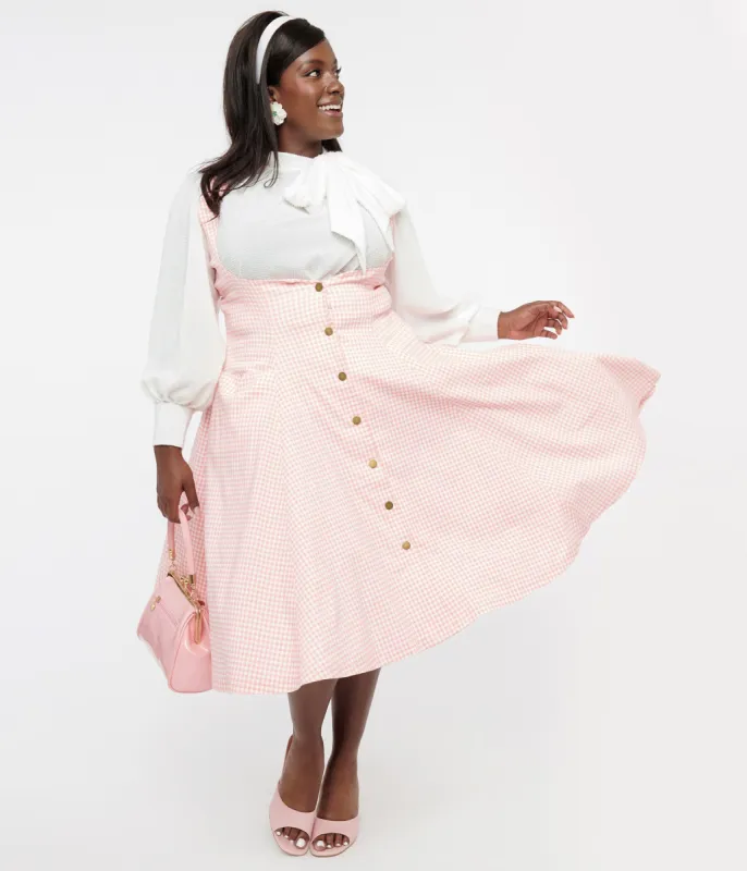 Unique Vintage Plus Size Pink & White Gingham Button Suspender Swing Skirt sold by Unique Vintage