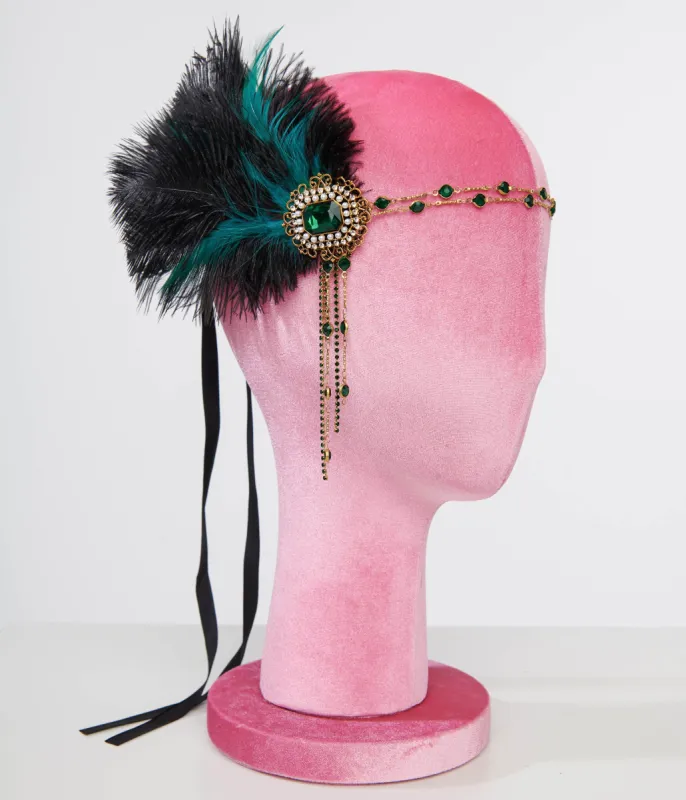 Unique Vintage 1920s Black Feather & Emerald Rhinestone Headband sold by Unique Vintage