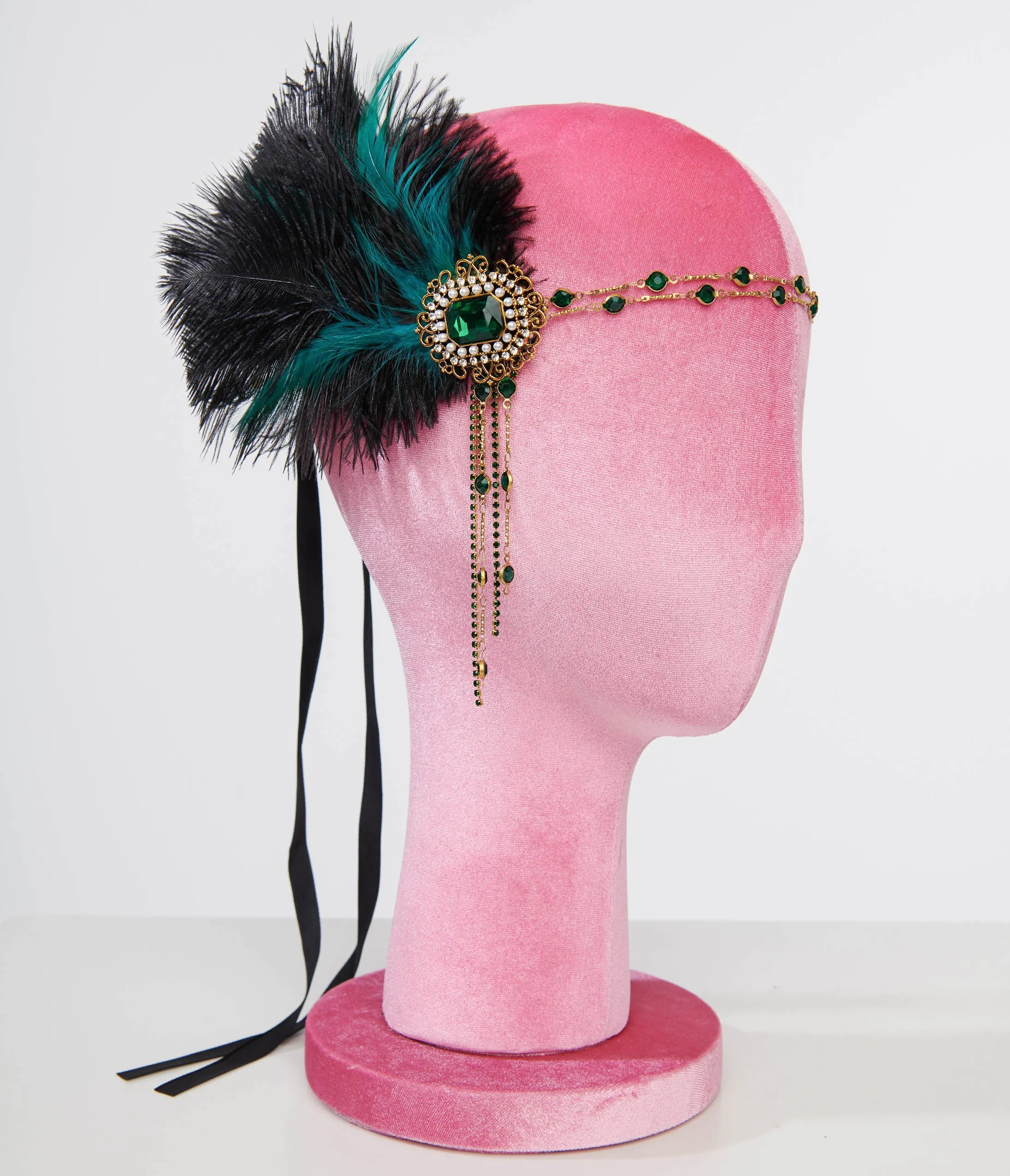 Unique Vintage 1920s Black Feather & Emerald Rhinestone Headband sold by Unique Vintage