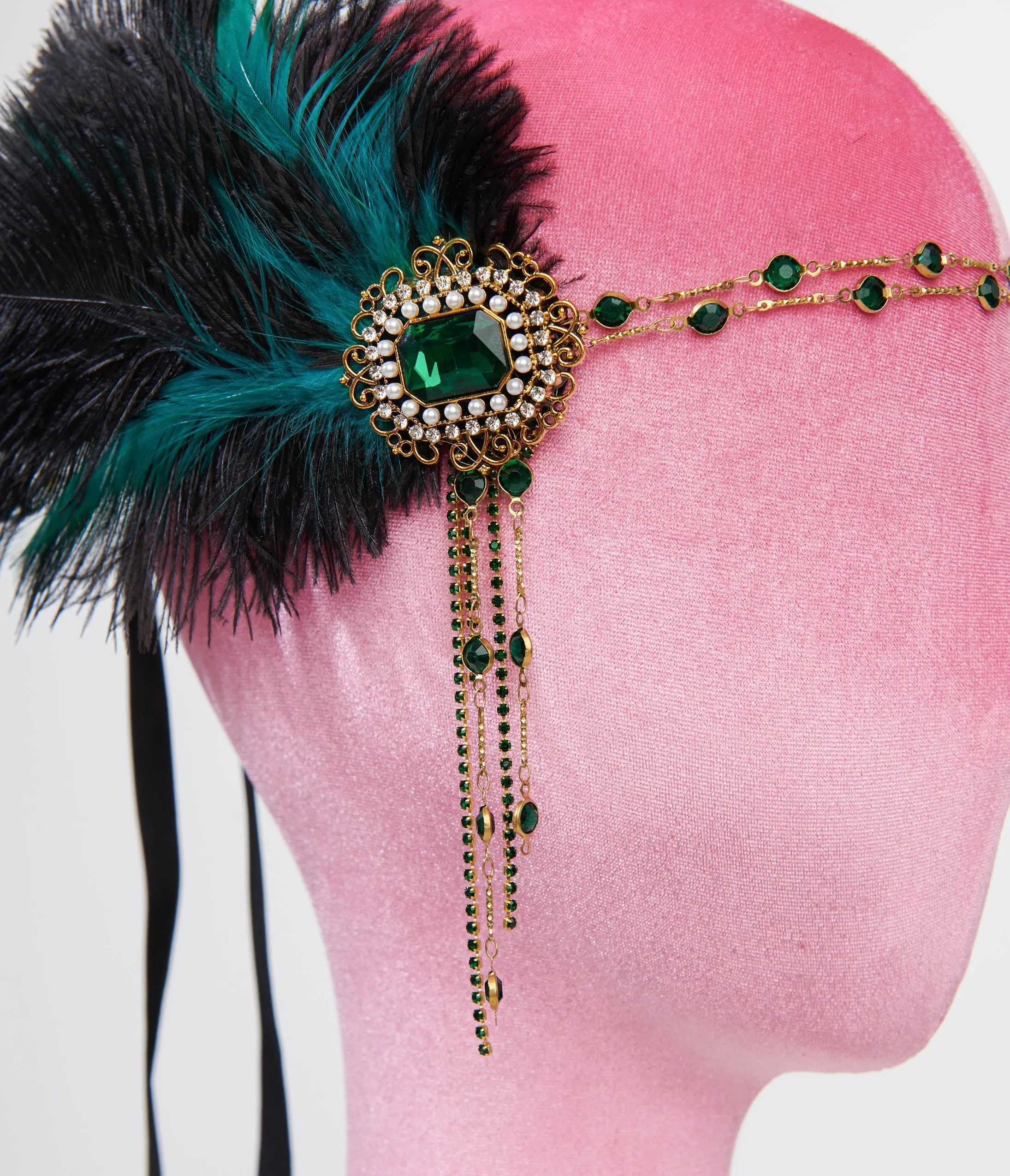 Unique Vintage 1920s Black Feather & Emerald Rhinestone Headband sold by Unique Vintage product image thumbnail 2