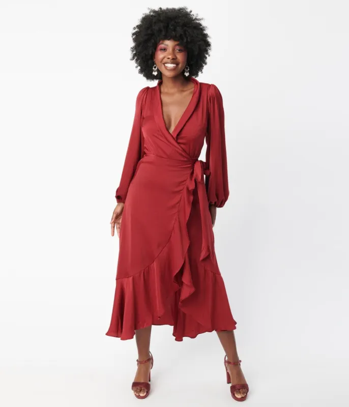 Burgundy Ruffle Midi Wrap Dress sold by Unique Vintage