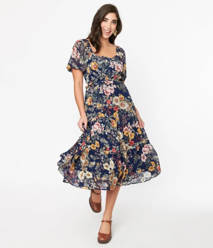 1970s Navy Blue Floral Puff Sleeve Midi Dress sold by Unique Vintage