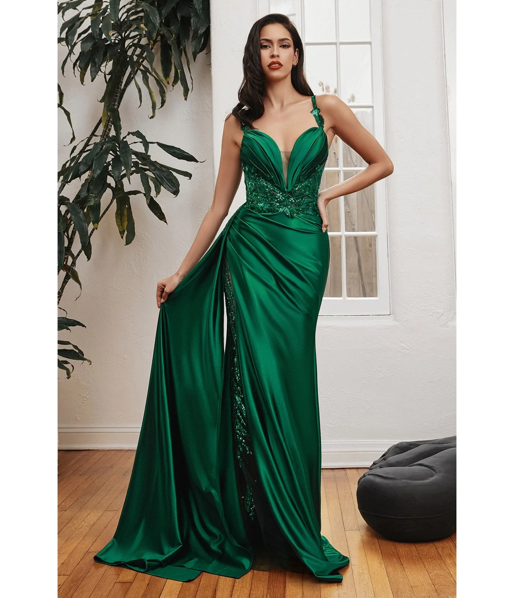 Cinderella Divine Emerald Green Soft Satin Sheer Leaves Gown sold by Unique Vintage