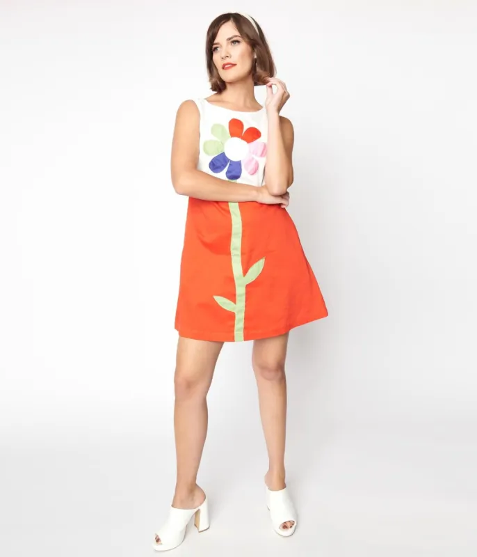 Smak Parlour Retro Style White & Orange Flower Power Shift Dress sold by Unique Vintage