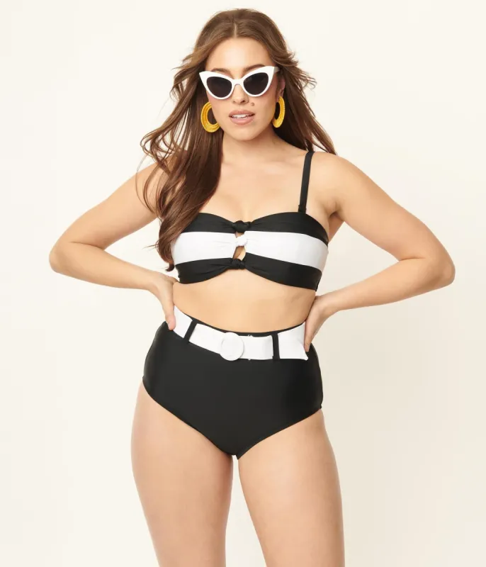 Unique Vintage Black & White Belted Redondo Swim Bottoms sold by Unique Vintage