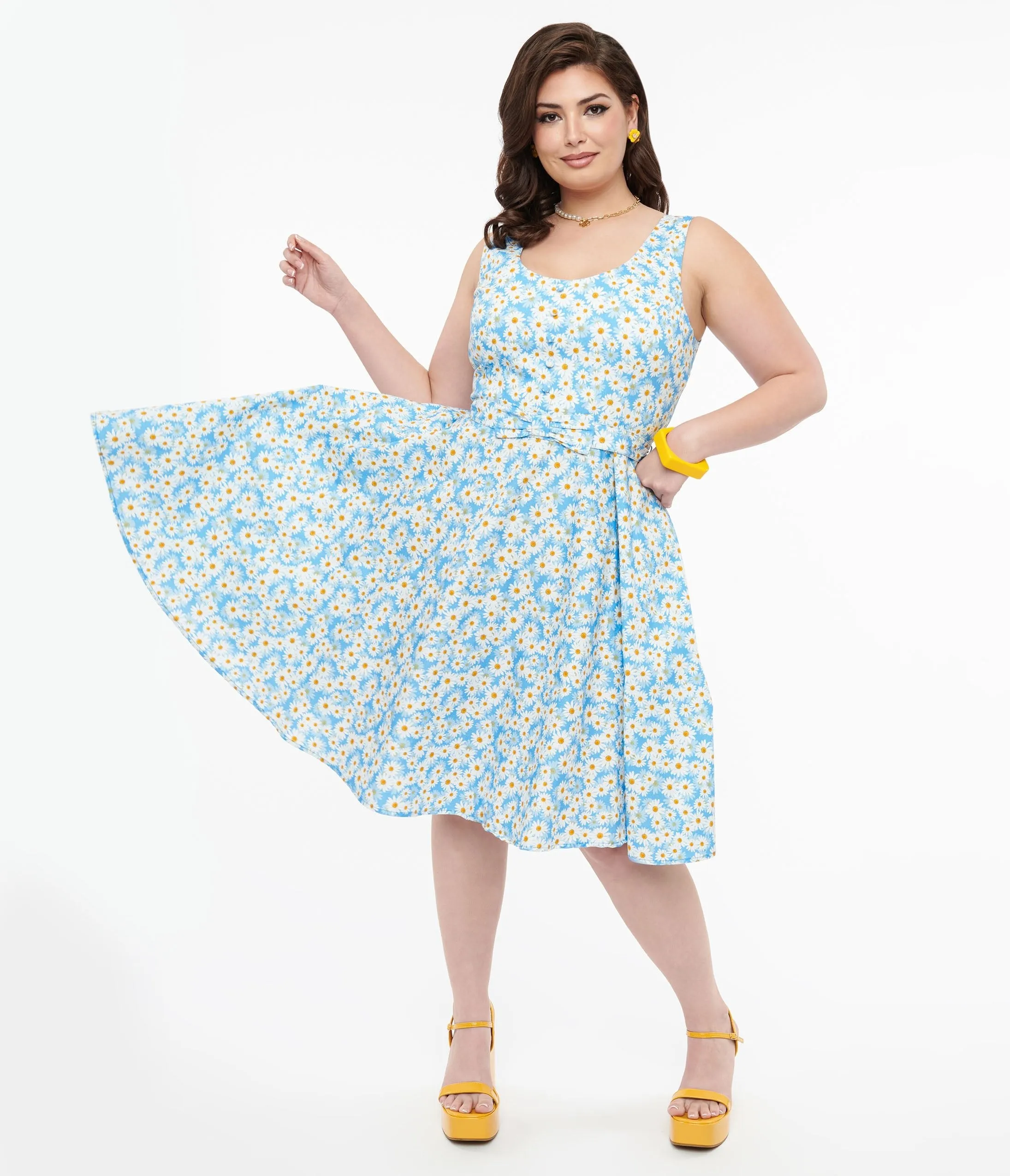 Plus Size 1950s Blue & Daisy Print Cotton Selda Swing Dress sold by Unique Vintage