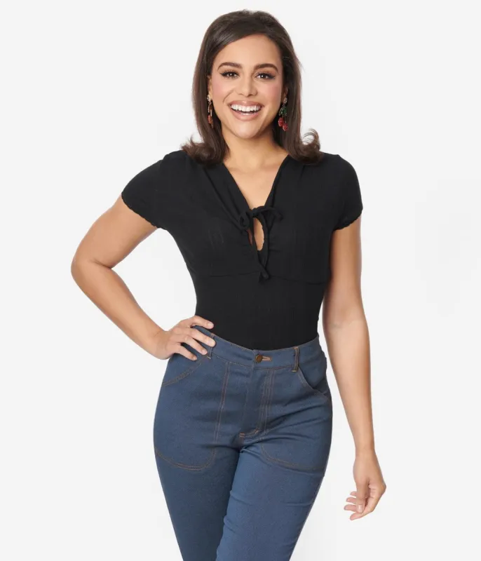 Unique Vintage Black Keyhole Pointelle Knit Top sold by Unique Vintage