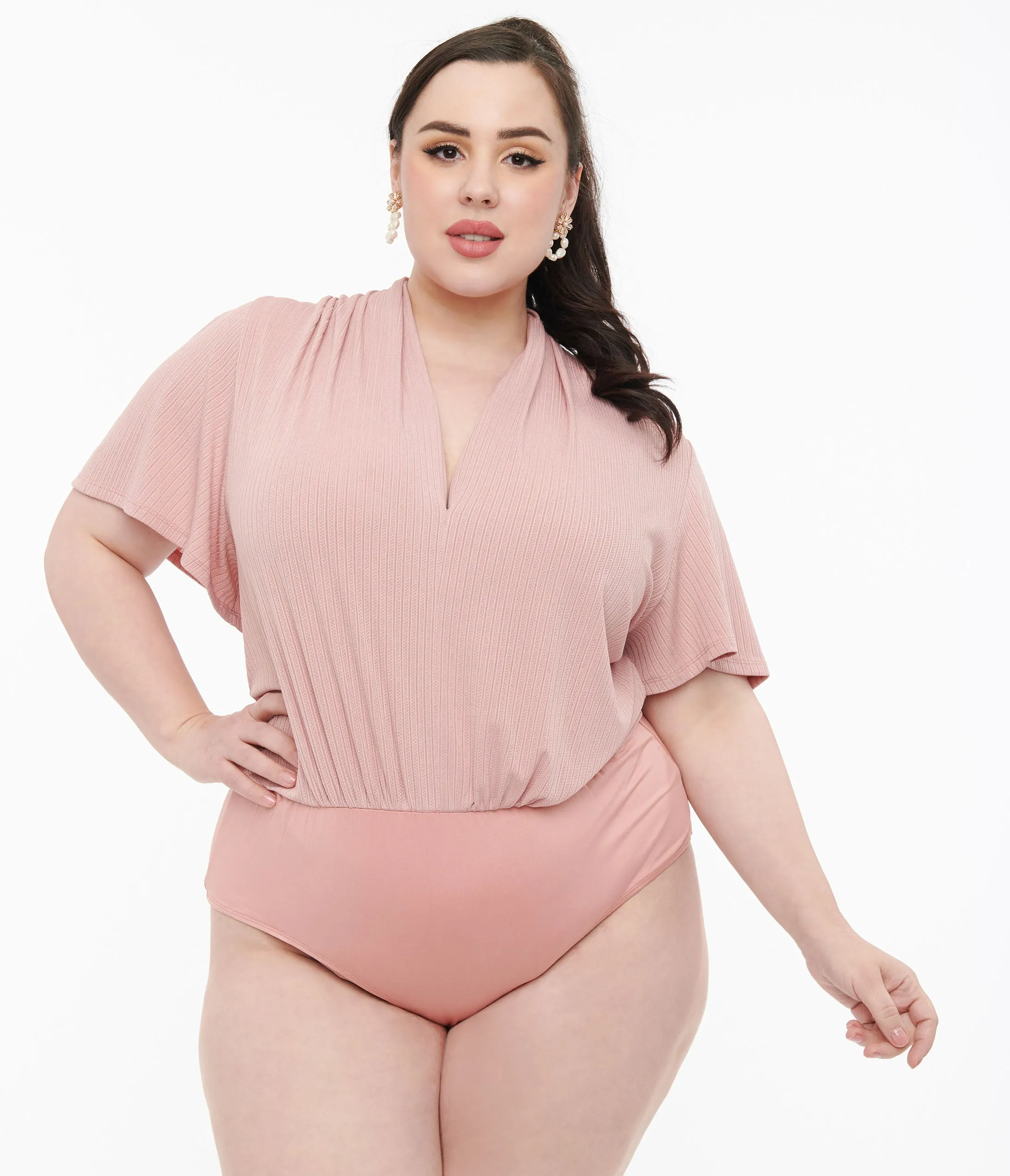 Unique Vintage Plus Size Rose Pink Pointelle Flutter Sleeve Bodysuit sold by Unique Vintage product image thumbnail 3