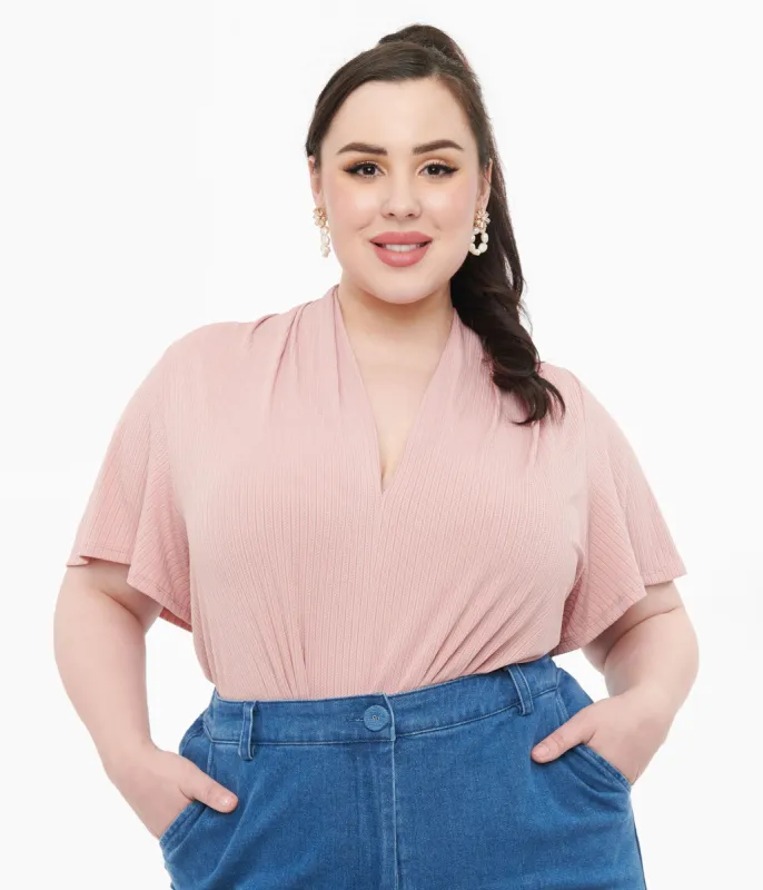 Unique Vintage Plus Size Rose Pink Pointelle Flutter Sleeve Bodysuit sold by Unique Vintage