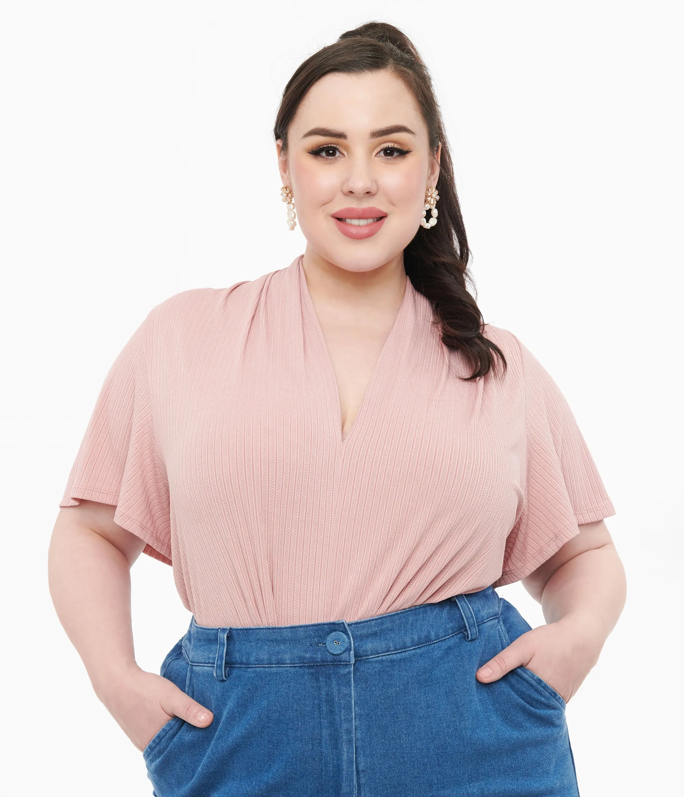 Unique Vintage Plus Size Rose Pink Pointelle Flutter Sleeve Bodysuit sold by Unique Vintage