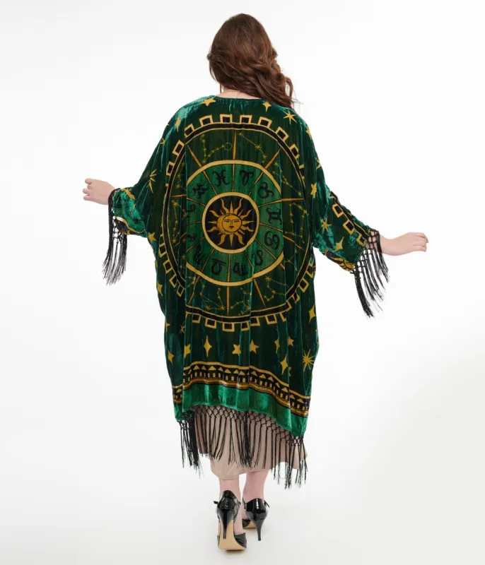 Unique Vintage 1930s Emerald & Gold Zodiac Burnout Velvet Fringe Kimono sold by Unique Vintage